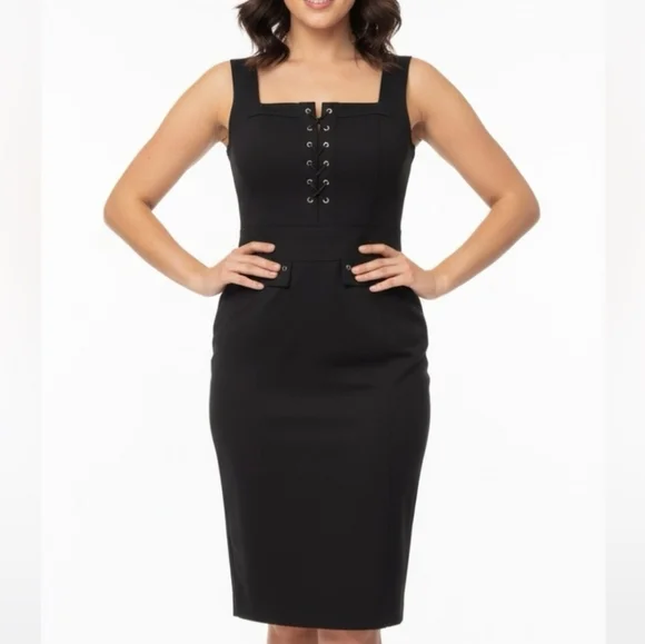 White House Black Market Sheath Black Dress Lace Up Size 2 Nwot - Picture 1 of 8